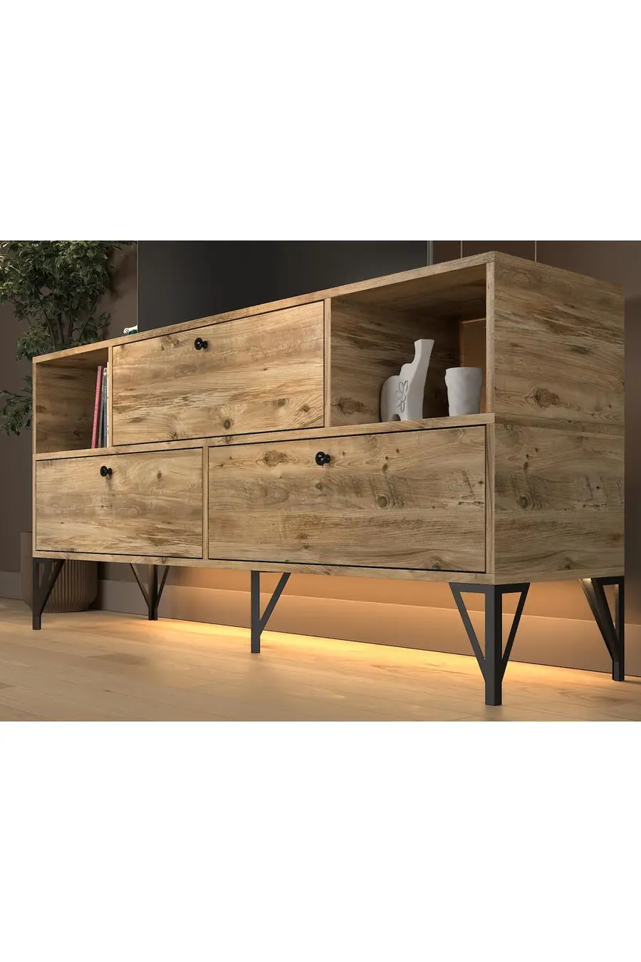 Mila Led Işıklı Dolaplı Minifiksli 160 Cm Konsol - Tv Ünitesi - Tv Sehpası - Atlantik Çam